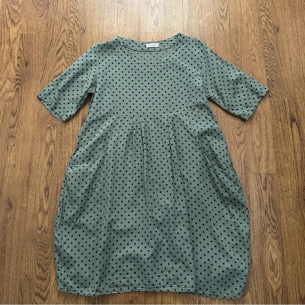 Nina Kendosa Green Polka Dot Lagenlook Short Sleeve Pleated Cotton Dress O/S